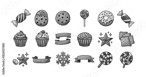 Black and white sweet treats collection: cupcakes, cookies, and candy icons