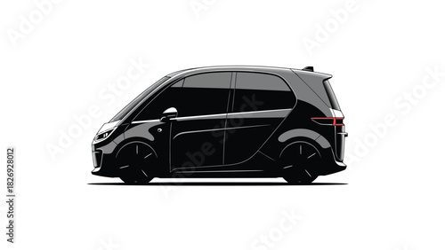 Sleek modern black compact electric city car side profile view, minimalist vector illustration of urban mobility concept, clean graphic design, isolated on white background