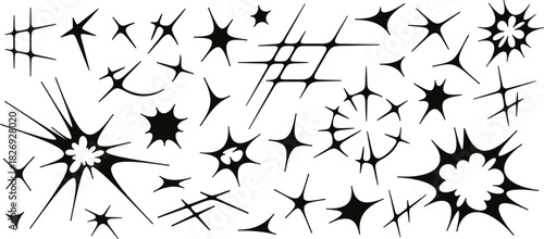 Abstract acid flare, exploding burst effect, sun glare, deformed star shapes. Radial explosion flash, cybersigilism style starburst shapes, comet tail, cosmic glitter sparkle elements vector set