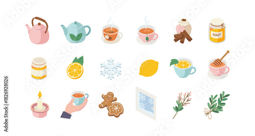 Cozy winter tea set with honey, spice, and gingerbread in flat design