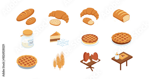 Isometric bakery icons: bread, pies, and baking elements collection