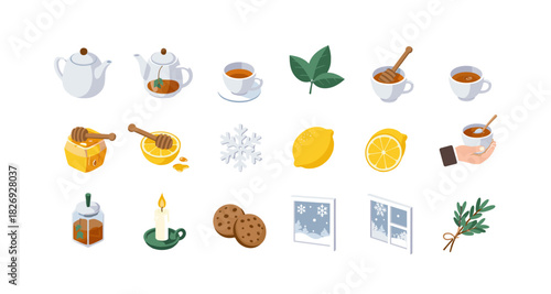 Cozy winter tea elements with herbal infusions and seasonal icons in isometric style