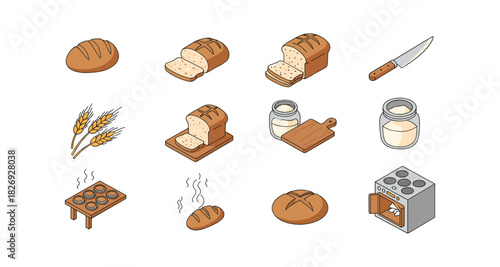 Isometric bakery essentials: bread, flour, oven, and kitchen tools