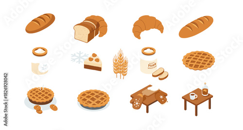 Assorted baked goods in isometric style featuring bread, pastries, and dessert elements