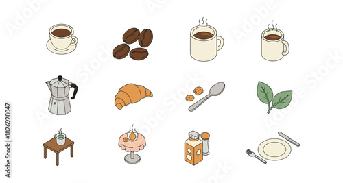 Isometric coffee and breakfast icons: cups, beans, croissant, and more