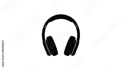 Black silhouette of modern over-ear wireless headphones showing adjustable headband and earcups, simple graphic icon, flat vector design for audio concept, isolated on white background