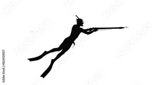 Silhouette of Spearfishing Diver in Wetsuit with Snorkel and Speargun Aiming Forward, Dynamic Underwater Hunting Pose, Minimalist Vector Art, Graphic Icon, isolated on white background