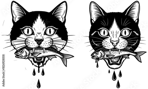Two black and white cats with fangs holding fish in their mouths, blood dripping, in a traditional tattoo style illustration