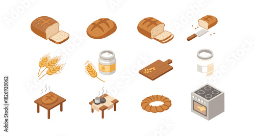 Isometric bakery icons: bread, baking tools, and ingredients set