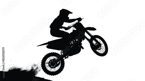Motocross Rider Silhouette Performing Wheelie Jump on Dirt Bike with Dust Cloud, Extreme Sports Action Graphic, Flat Vector Art Sticker Design, isolated on white background