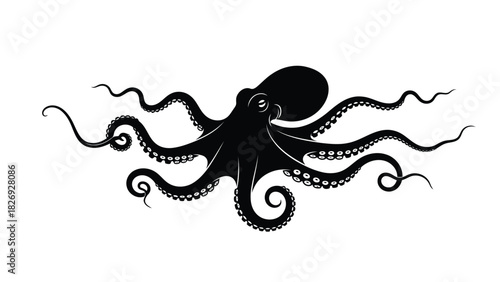 Black silhouette of a detailed octopus with curling tentacles and visible suckers, minimalist marine life graphic, flat vector art, logo design concept, isolated on white background