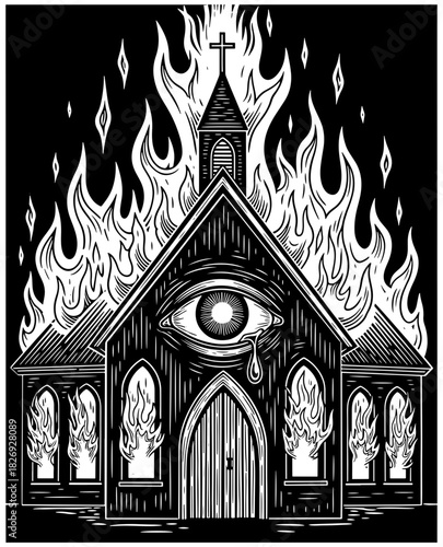Gothic illustration of a burning church with a weeping eye on its facade, symbolizing destruction and spiritual turmoil