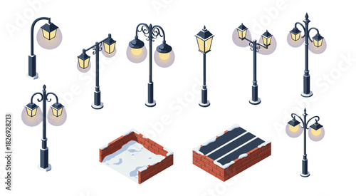 Isometric street lamps and urban elements with snow accents