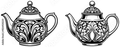 Decorative vintage teapots with elegant filigree and botanical motifs, traditional tea serving illustration