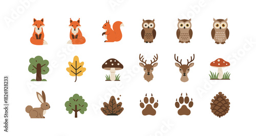 Cute woodland animal cartoon icons set with forest elements in flat style