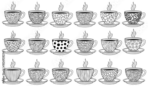 Collection of handdrawn steaming coffee cups with diverse patterns and designs