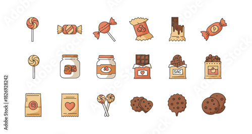 Variety of sweet treats icons in flat style with candy, cookies, and chocolate bars