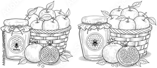 Hand drawn rosh hashanah symbols honey jar, apples in basket, and pomegranates