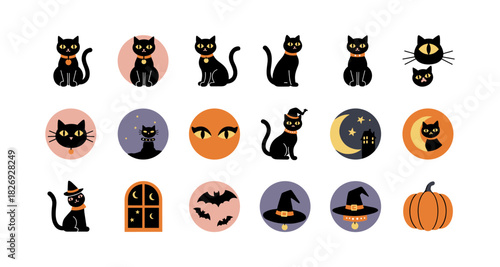 Charming halloween cat icons and symbols in flat style for festive designs