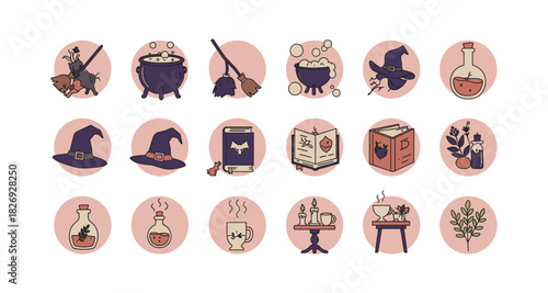Charming hand-drawn witchcraft icons set with potions, books, and hats