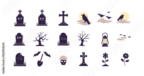Spooky graveyard elements for halloween designs: tombstones, ravens, and bats