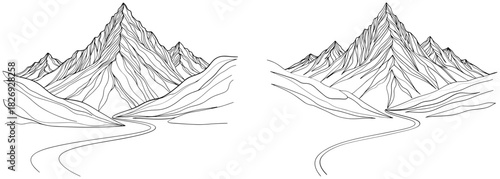 Monochrome line art drawing depicting a grand mountain range with a winding path through a valley