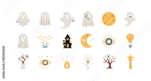 Halloween icons: ghosts, bats, and haunted elements in flat design