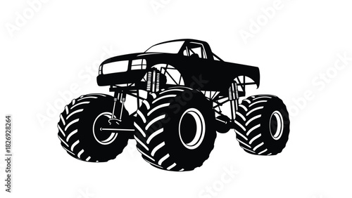 Black silhouette of a powerful monster truck with oversized tires and exposed suspension system, dynamic side view, clean vector art, sticker design, isolated on white background