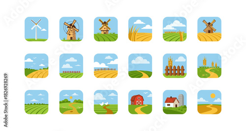 Charming farm landscape icons featuring windmills and fields in a flat style