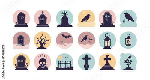 Halloween icons set: spooky graves, ravens, cats, and lanterns in flat style