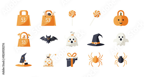 Halloween icons set: ghosts, pumpkins, and spooky treats in flat design