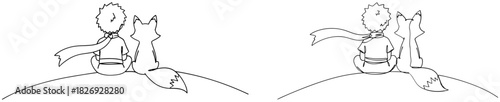Minimalist line drawing of a small figure and a fox sitting on a hill, one pointing, symbolizing friendship, white