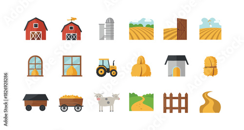 Colorful farm elements set featuring barns, fields, and farm animals