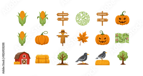Autumn harvest icons set featuring pumpkins, corn, and seasonal elements