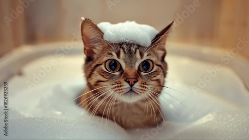 A fluffy cat sits in a bathtub filled with bubbles, wearing a playful foam crown. The warm lighting creates a peaceful atmosphere, making it a relaxing moment for the pet.