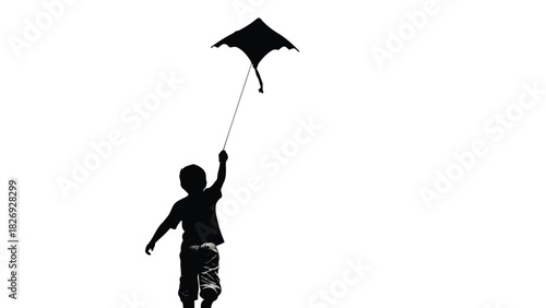 Silhouette of young boy running and flying a diamond kite high in the sky, simple black and white vector graphic, childhood fun concept, isolated on white background