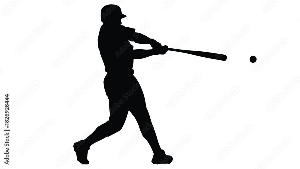 Obraz premium Black silhouette of a baseball batter wearing a helmet swinging a bat to hit a small ball, dynamic sports action graphic, flat vector art design, isolated on white background