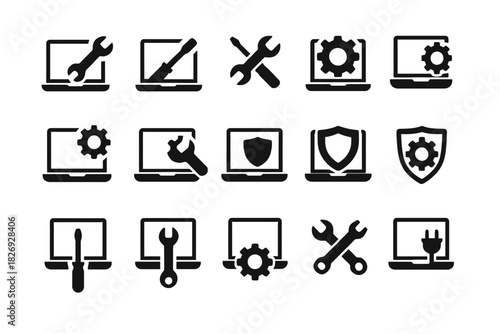 Set of computer repair and maintenance icons with tools and gear symbols