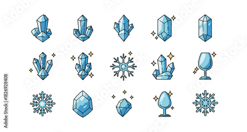 Crystal and snowflake icons set with wineglass accents