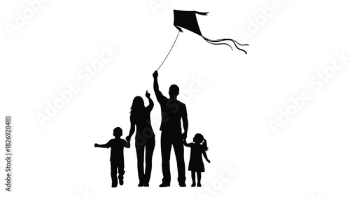 Silhouette of happy family flying a kite outdoors, father holding string, mother pointing up, children standing nearby, simple vector art design, isolated on white background