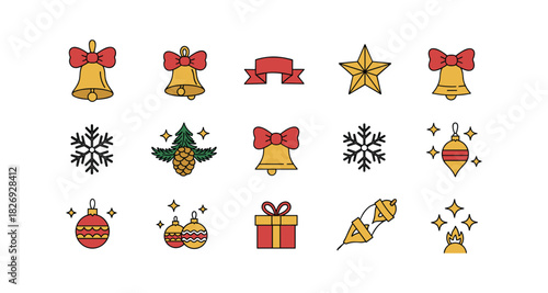 Festive holiday icons with bells, stars, and gifts in flat style