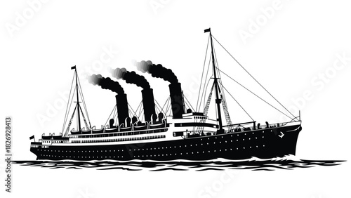 Vintage ocean liner silhouette with three smoking funnels sailing on wavy water, classic transatlantic steamship vector art, monochrome graphic design, isolated on white background