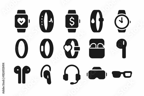 Silhouette icons of wearable technology devices including smartwatches and headphones