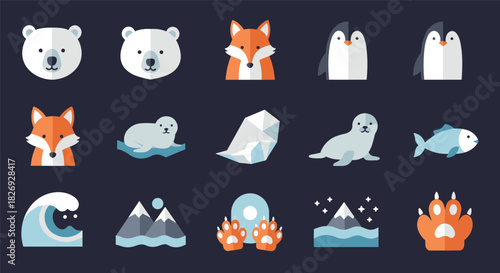 Cute arctic and ocean animals in flat style with playful icons for nature lovers