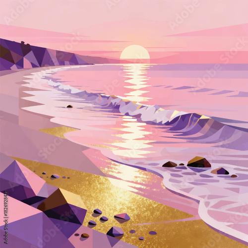 Illustration Of A Long Coastline, Sparkling Sea Water In The Sunset Light, Gentle Waves, Small Rocks Vector Design Template