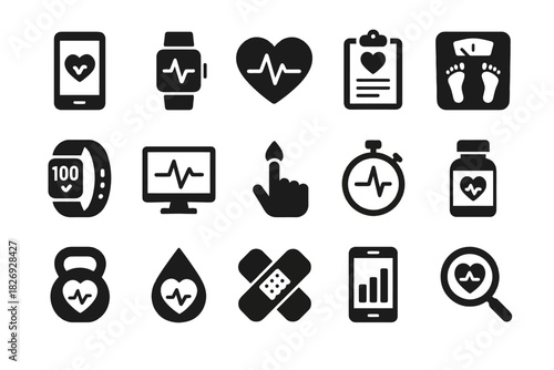 Set of health and fitness icons including heart rate, scale, and stopwatch