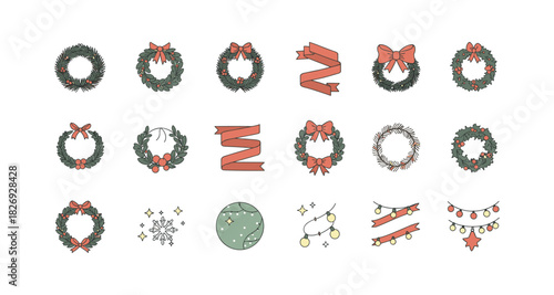 Festive christmas wreaths and decorations in minimalist holiday design