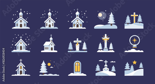 Winter church icons set with snowy night elements and christmas symbols