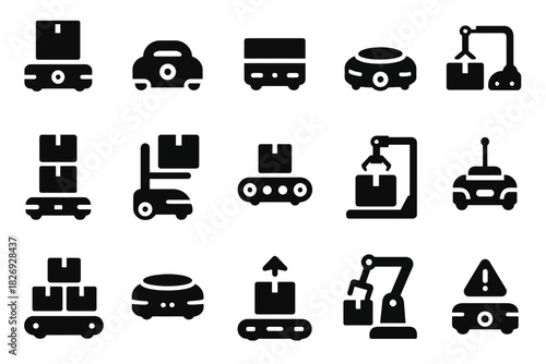 Set of black silhouette icons for robotics and automation technology
