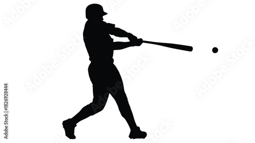 Black silhouette of a baseball batter wearing a helmet swinging a bat to hit a small ball, dynamic sports action graphic, flat vector art design, isolated on white background